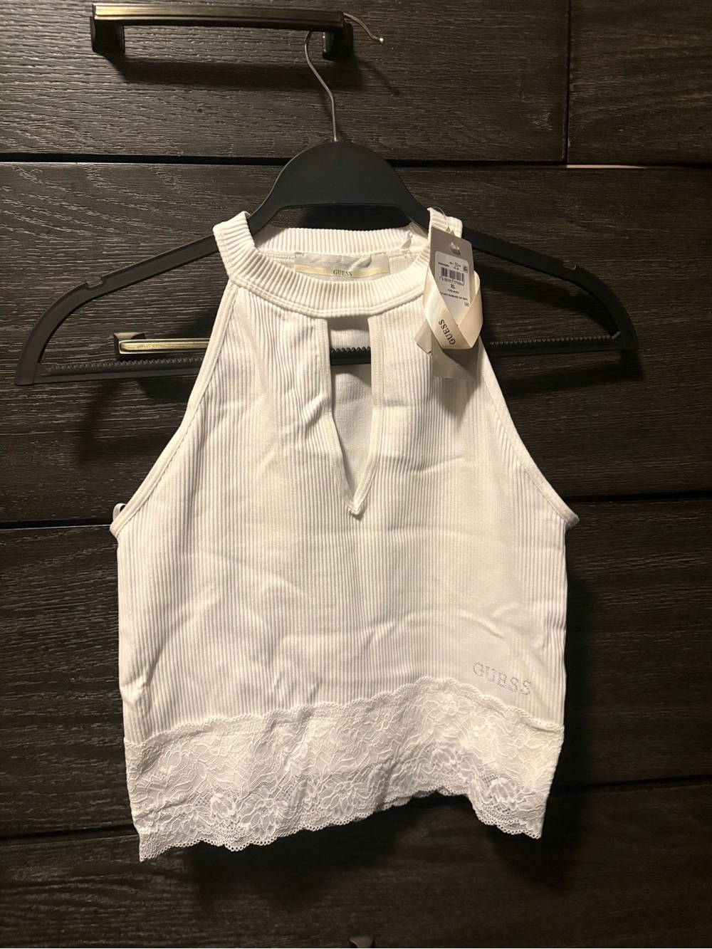GUESS White Ribbed Lace-Hem Halter Tank